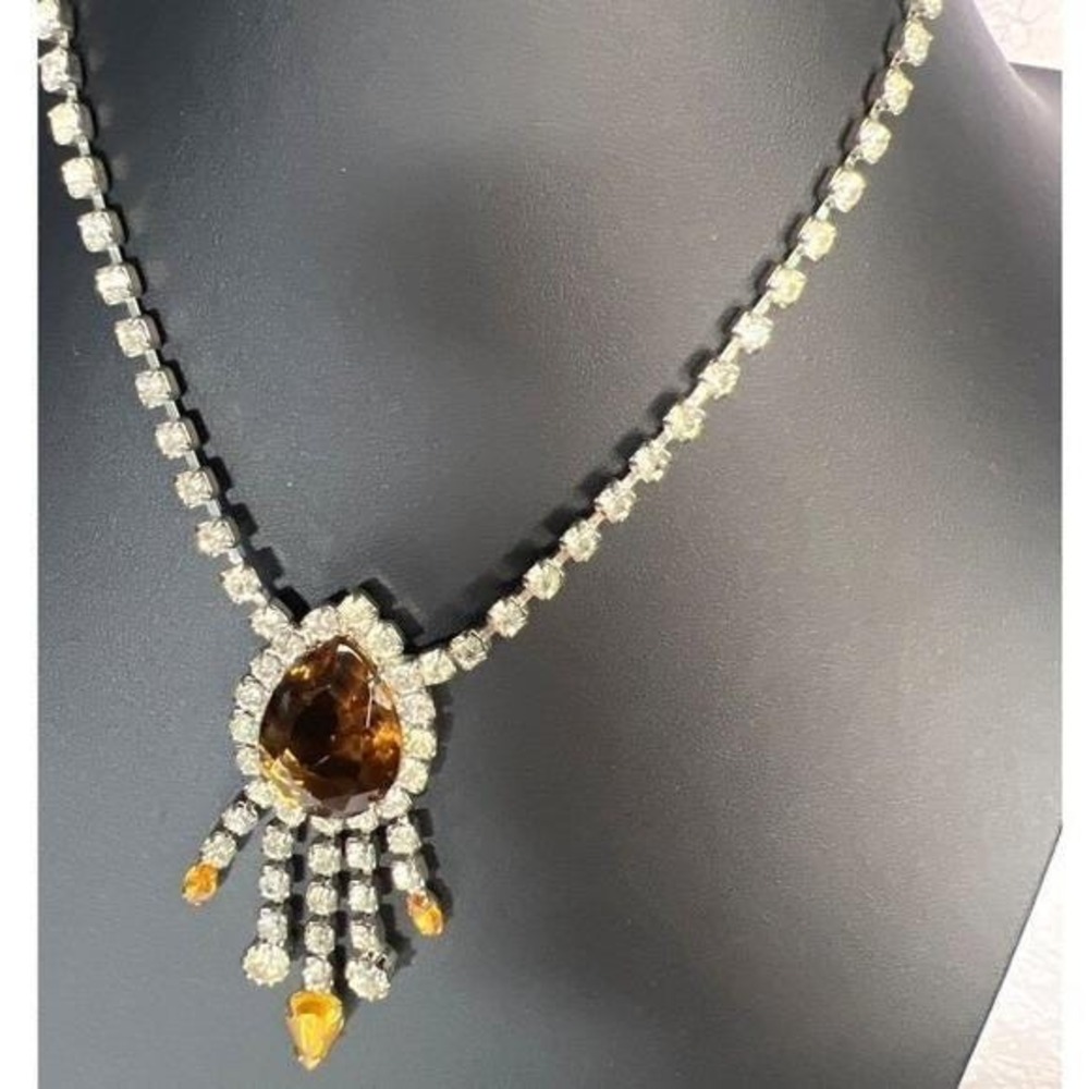 Vintage Rhinestone Bib Necklace Golden Glass Pendant Dangling Drops Statement 16